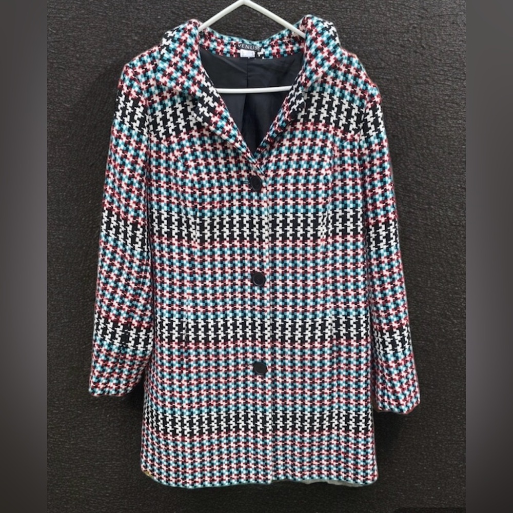 Venus Womens Overcoat Long Dress Coat | Size 12 | Woven Hounds Tooth Heavy